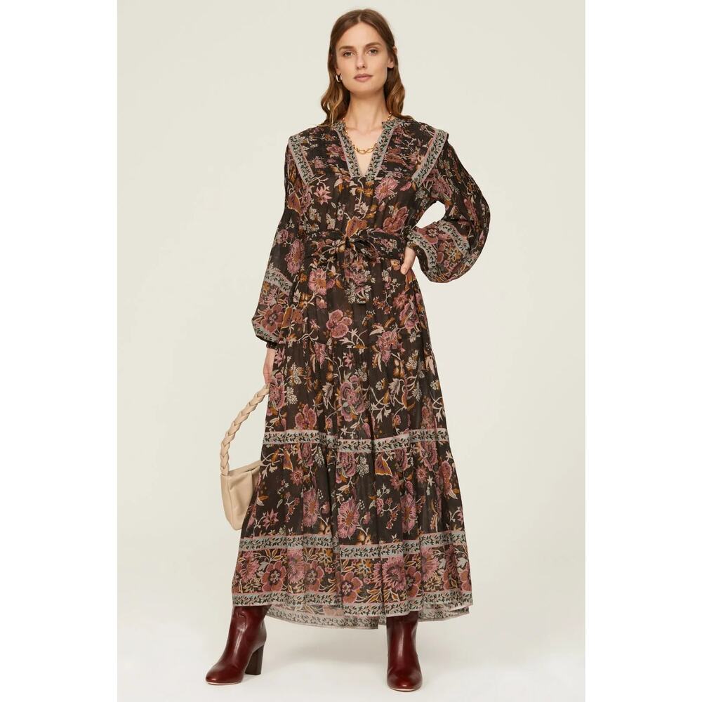 Sea New York Tess Dress Floral Peasant Long Sleeve V-Neck Midi A-Line Brown S